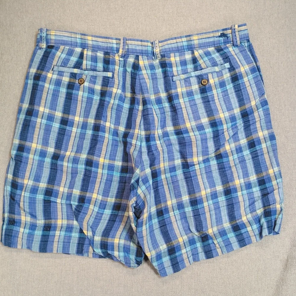 Tommy Bahama Mens Size 38 Linen Tencel Plaid Shorts Blue Resort Casual Coastal
